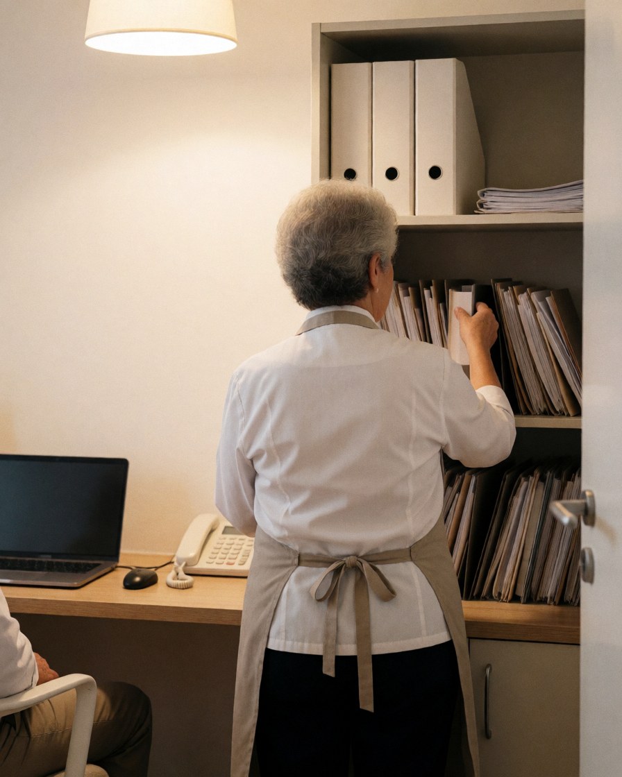Un professionnel portant un tablier range des dossiers sur une étagère dans un bureau de massage, avec un client assis en arrière-plan sous une lumière chaleureuse.