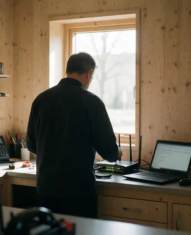 Technicien de dos configurant un routeur avec des voyants verts sur un bureau avec un ordinateur portable ouvert, murs en bois clair, éclairage naturel par une fenêtre.
