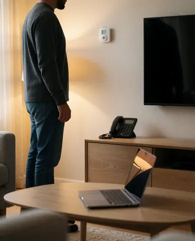 Un homme observe un thermostat mural dans un intérieur moderne aux meubles épurés et à l'éclairage chaleureux, évoquant le confort et la technologie.