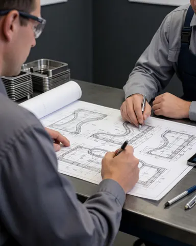 Deux ingénieurs vérifient des plans techniques sur une table en acier, avec des pièces métalliques estampées en arrière-plan.