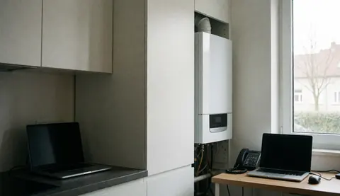 Chauffage mural blanc moderne installé dans une cuisine lumineuse avec meubles blancs et lumière naturelle par la fenêtre, idéal pour les services d'installation.