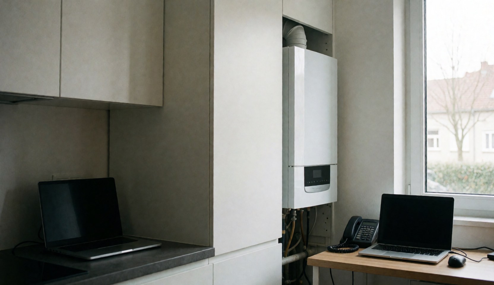 Chauffage mural blanc moderne installé dans une cuisine lumineuse avec meubles blancs et lumière naturelle par la fenêtre, idéal pour les services d'installation.