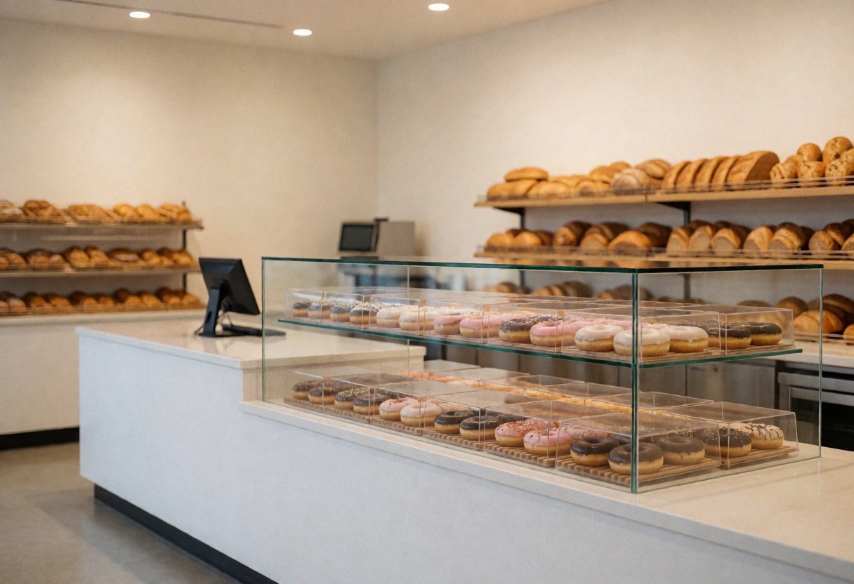 Vitrine de donuts glacés dans une boulangerie moderne avec des pains sur des étagères et des murs blancs, idéale pour un site web d'entreprise.