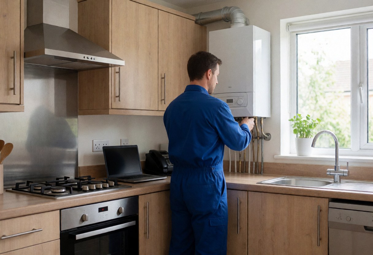 Technicien en uniforme bleu inspectant les raccordements d'une chaudière murale dans une cuisine moderne avec placards en bois clair et électroménager en acier inoxydable.