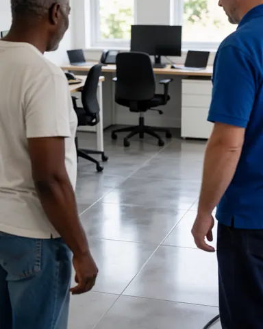 Un client et un professionnel vérifient ensemble l'installation d'un sol gris moderne dans un bureau lumineux et rangé.