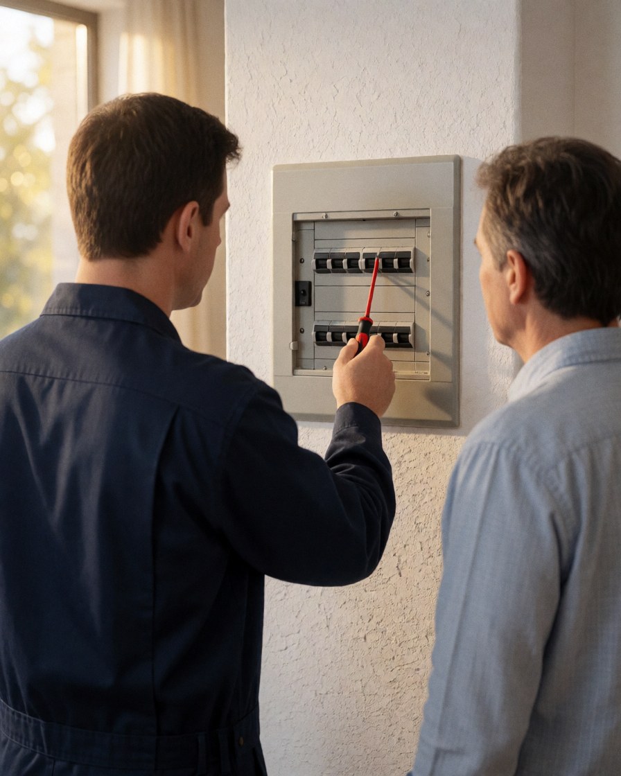 Électricien en uniforme bleu ajustant un interrupteur sur un tableau de circuit pendant qu'un client écoute attentivement dans une maison avec lumière de fenêtre.