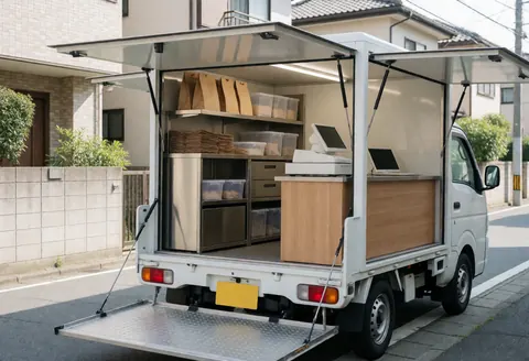 Camion de mercatique ouvert equipé d'une caisse enregistreuse, d'etageres avec sacs en papier et contenants plastiques, pret a servir les clients dans une rue residentielle.
