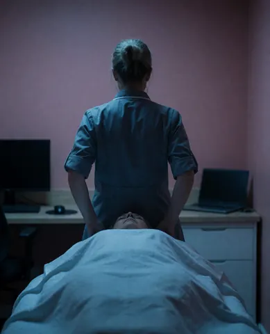 Thérapeute préparant un massage facial sur un client allongé sur une table de massage dans un salon avec des murs roses et des lumières bleues.