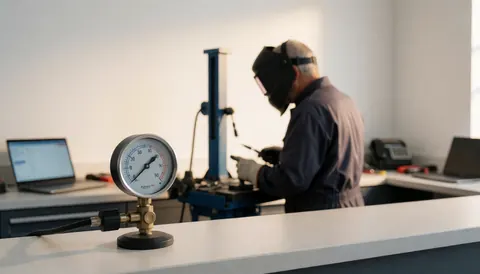 Gros plan sur un manomètre numérique de pression dans un atelier de réparation de vélos avec un mécanicien travaillant avec des outils modernes.