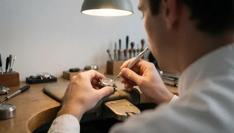 Un horloger répare une montre dans son atelier, éclairé par une lumière de travail chaude, mettant en valeur la précision et le détail du travail manuel.