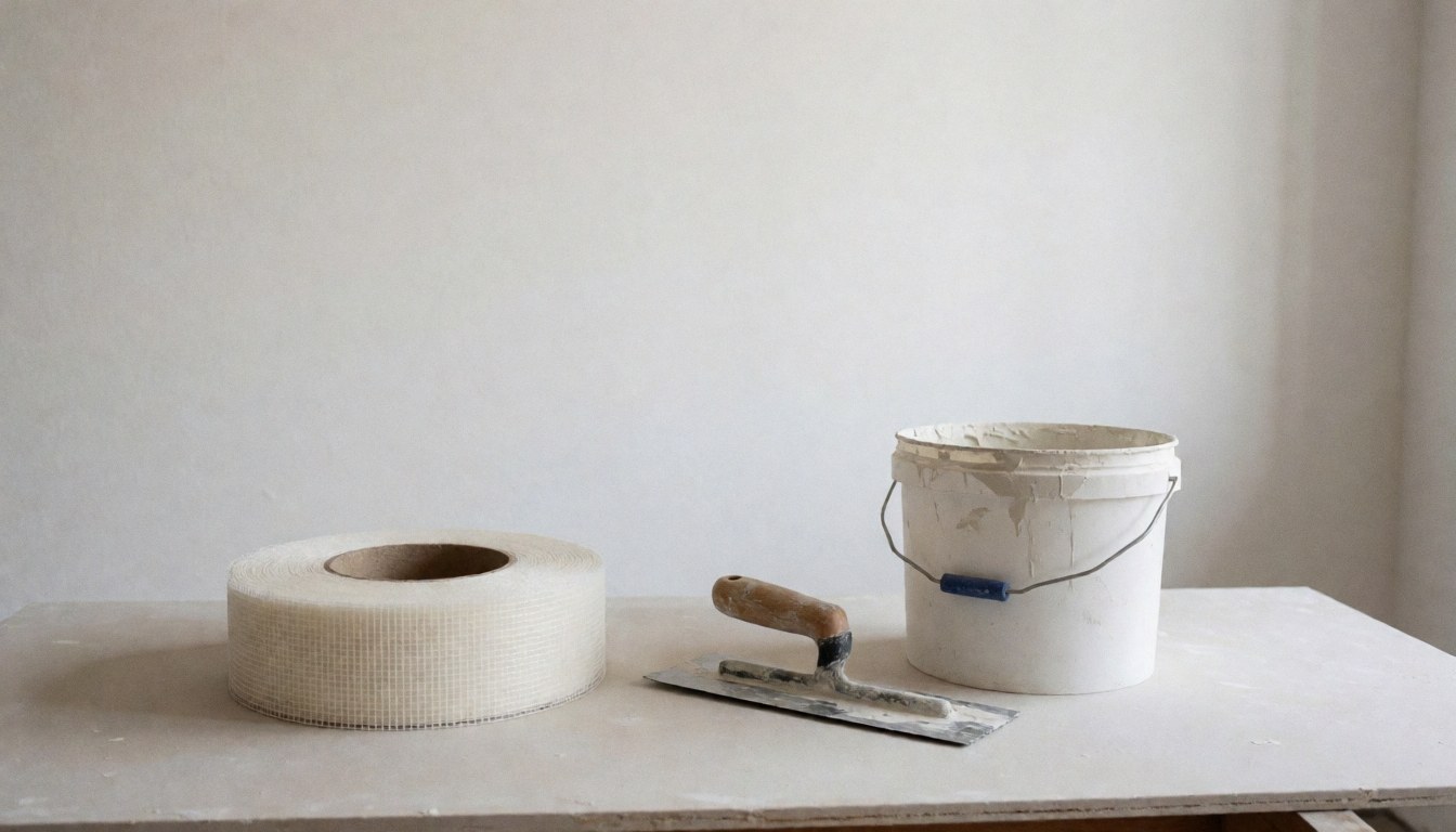 Rouleau de treillis de verre, pelle et seau de mastic posés sur un panneau de plâtre, outils pour finitions de murs blancs.
