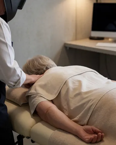 Un praticien effectue un massage cervical en utilisant une serviette chaude sur le cou d'un client dans un cadre clinique apaisant.