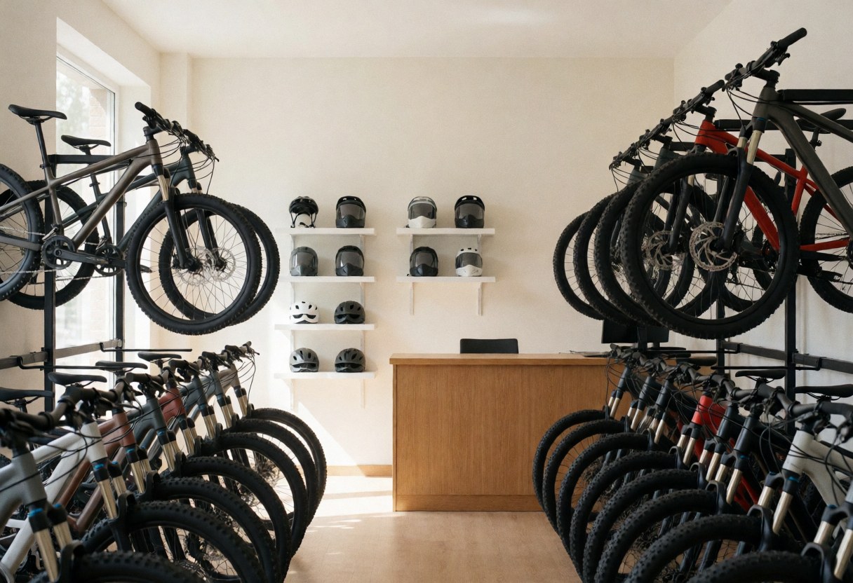 Intérieur d'une boutique de vélos avec des vélos de montagne suspendus, des casques sur des étagères et une table de réception éclairée par la lumière naturelle.