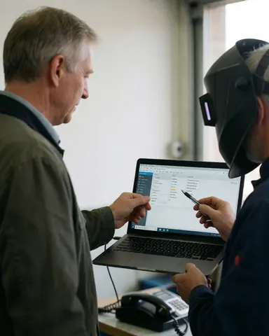 Un mécanicien portant un casque de soudage examine des données moteur sur un ordinateur portable en présence d'un client dans un atelier.