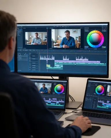 Un monteur vidéo professionnel travaille sur un montage avec plusieurs écrans et outils visibles dans un studio moderne aux murs clairs.
