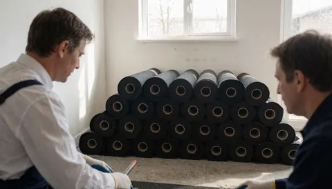 Deux ouvriers portant des gants et des outils se tiennent devant une pile de rouleaux d'asphalte dans un chantier éclairé par la lumière naturelle.