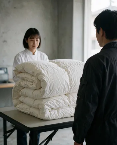 Une cliente souriante examine des couettes blanches sur une table pliante dans une laverie aux murs en béton baignée de lumière naturelle.