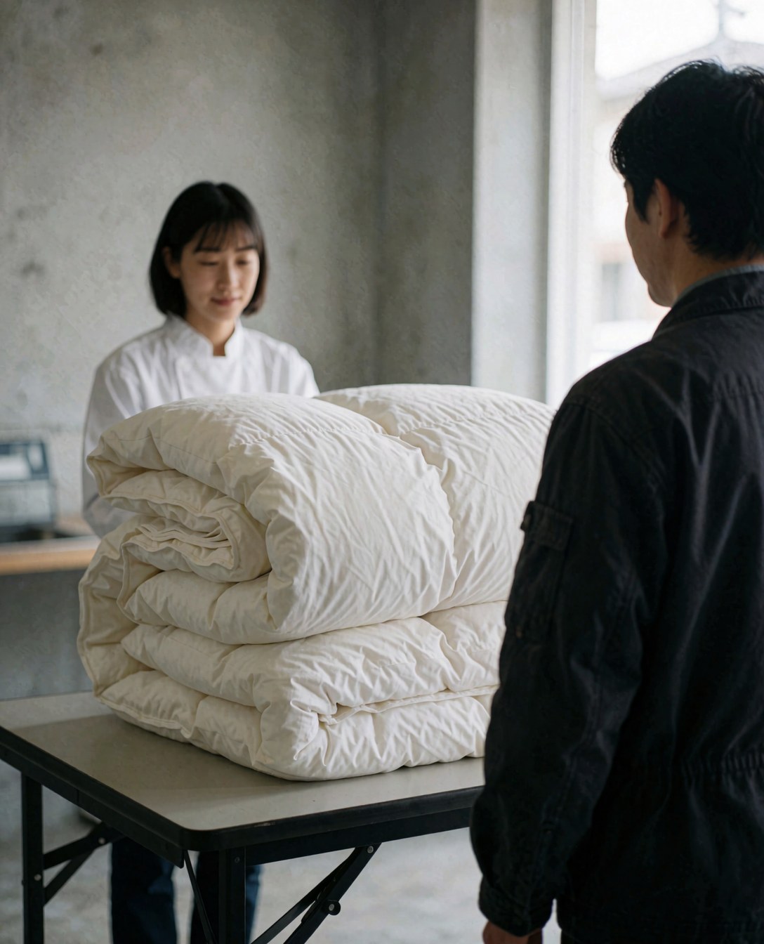 Une cliente souriante examine des couettes blanches sur une table pliante dans une laverie aux murs en béton baignée de lumière naturelle.