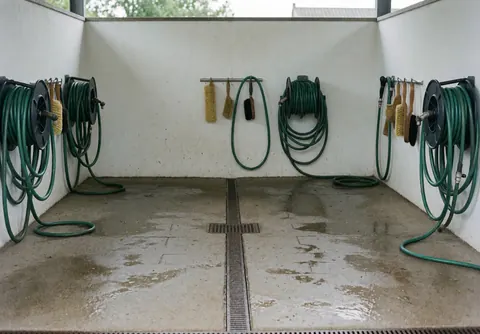 Espace de lavage équestre avec sol en béton, grille de drainage et tuyaux verts suspendus aux murs blancs.