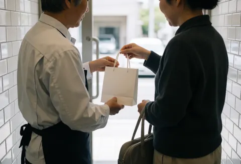 Un professionnel en uniforme remet un sac blanc à un client à l'entrée, sur un sol carrelé blanc avec une lumière naturelle.