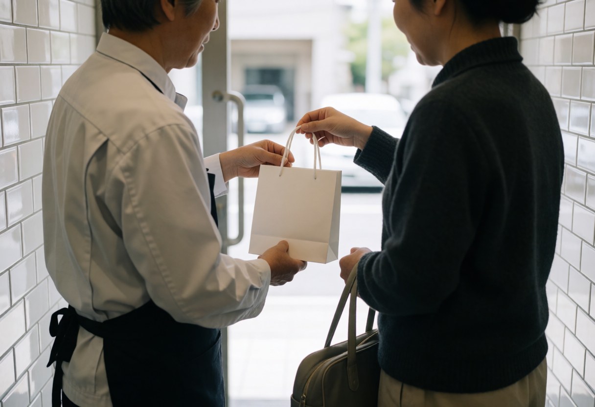 Un professionnel en uniforme remet un sac blanc à un client à l'entrée, sur un sol carrelé blanc avec une lumière naturelle.