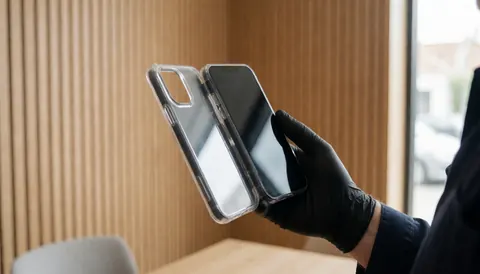 Une main portant un gant noir ajuste une coque transparente sur un téléphone, sur un fond en bois clair avec lumière naturelle, évoquant la réparation de téléphones.