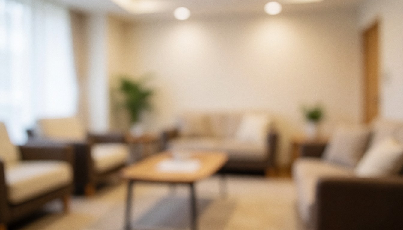 Arrière-plan flou de salle d'attente avec sièges confortables et lumière douce, idéal pour textes sur école de danse