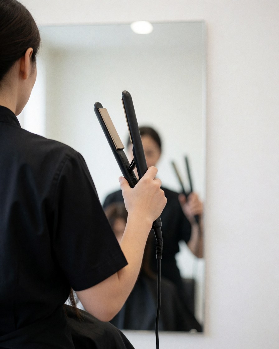 Reflexion d'une coiffeuse utilisant un lisseur dans un salon moderne avec un mur blanc en arrière-plan