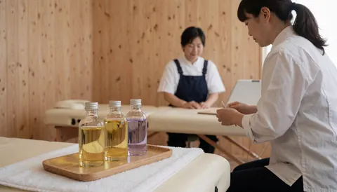 Plateau contenant trois flacons d'huile posés sur une serviette blanche, sur une table de massage dans un salon aux murs en bois clair.