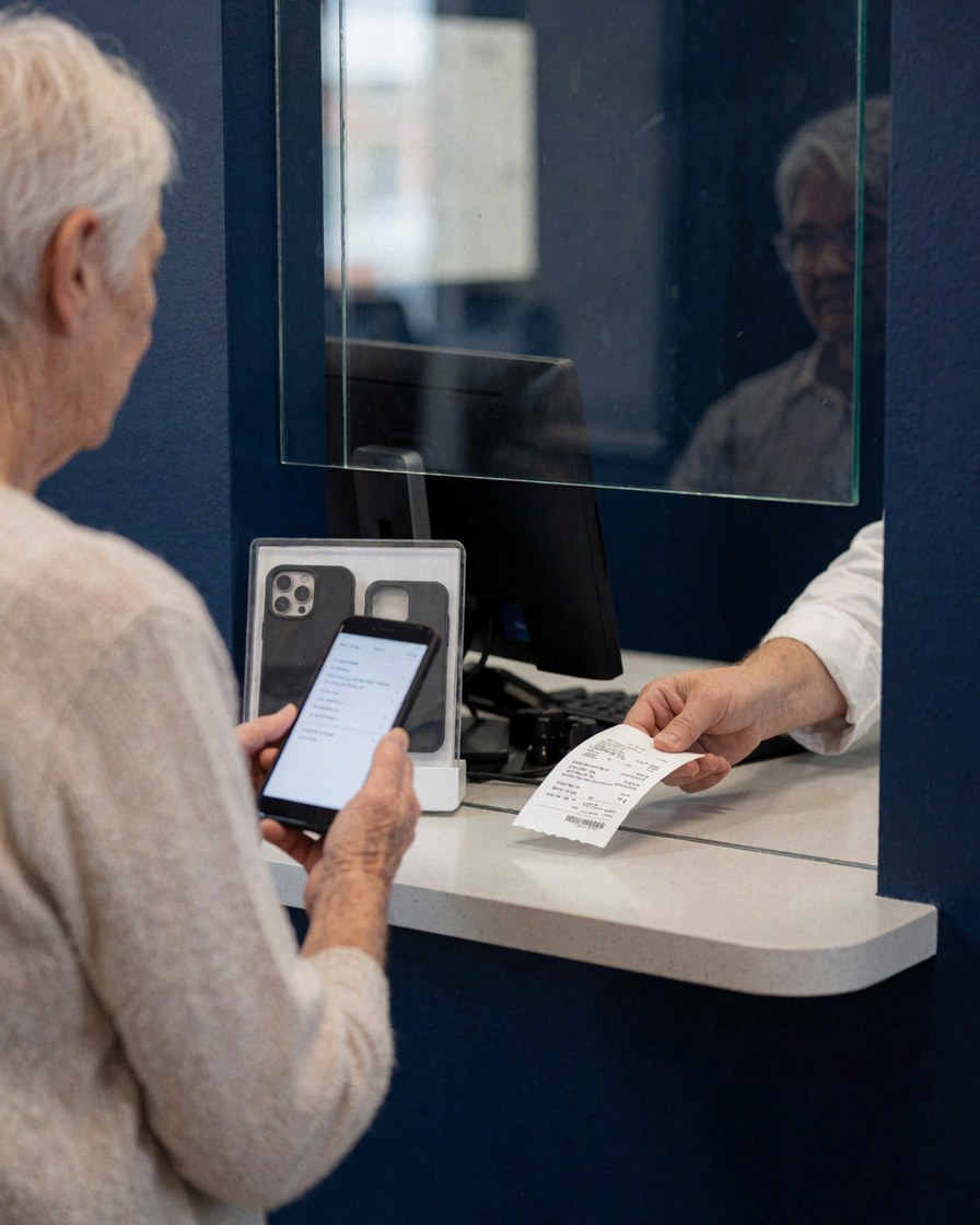 Un client reçoit son reçu de réparation de téléphone portable au comptoir de service, devant un mur bleu foncé.