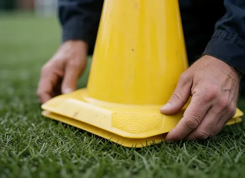 Des mains placent un cône de formation jaune sur une pelouse artificielle dans un terrain de sport pour préparer une séance d'entraînement.