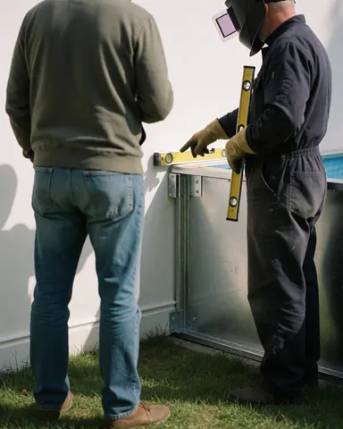 Un ouvrier casqué ajuste un niveau sur le cadre métallique d'une piscine pendant que le client observe attentivement dans un jardin.