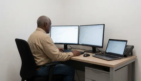 Un homme travaille sur son ordinateur avec deux moniteurs dans un bureau moderne, idéal pour les cours de programmation en ligne.
