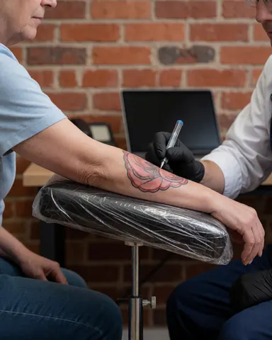 Tatoueur portant un gant noir applique de l'encre sur le bras d'une cliente assise sur un fauteuil noir devant un mur de briques rouges dans un studio.