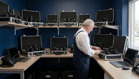 Un photographe documentaire examine des lentilles dans des boîtes d'équipement photo, entouré de laptops et d'un téléphone sur fond bleu.