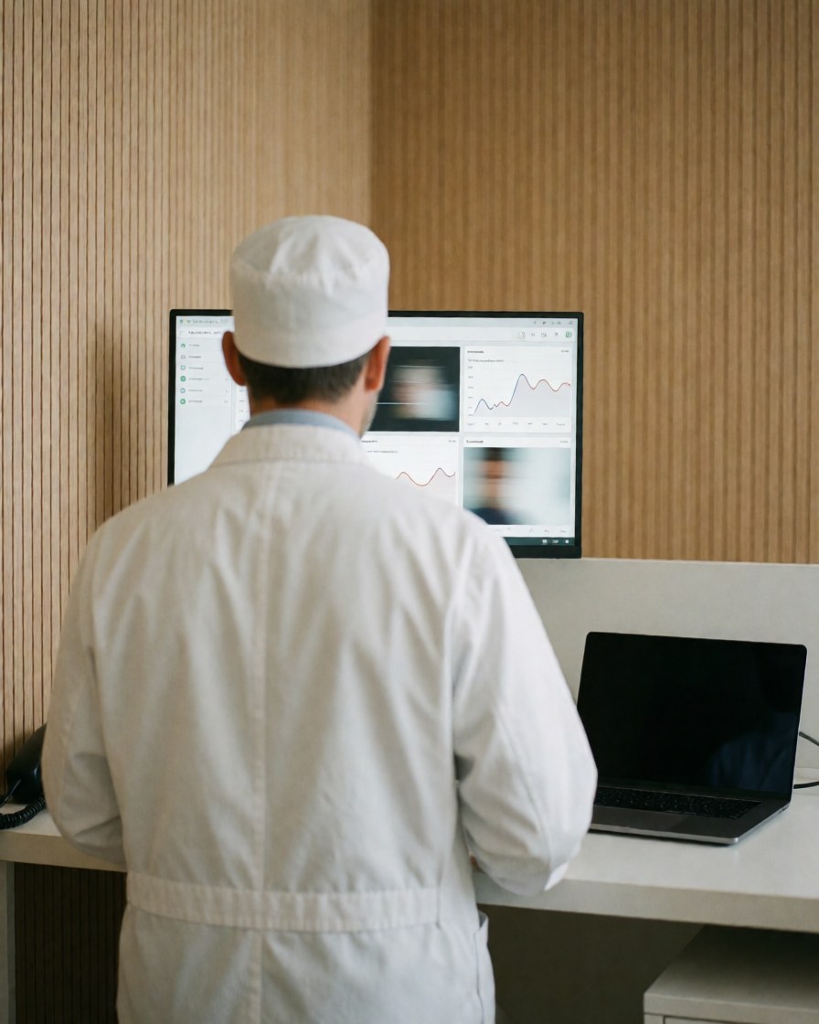 Dermatologue de dos consultant des graphiques médicaux sur un écran dans un bureau moderne avec des murs en bois clair et une lumière naturelle.