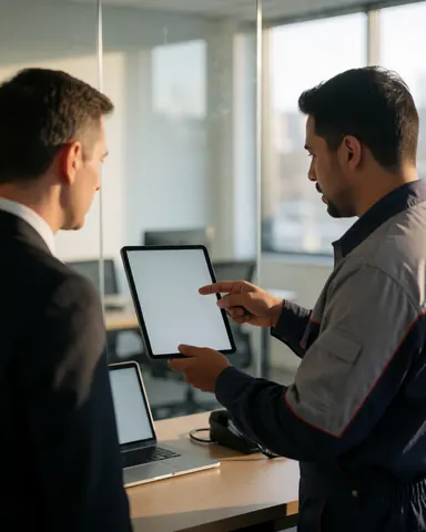Un technicien de sécurité en uniforme présente une tablette à un client dans un bureau moderne éclairé par la lumière naturelle, illustrant un service professionnel.