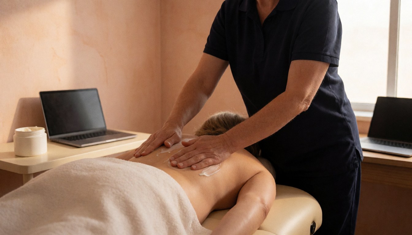 Un thérapeute applique de la crème sur le dos d'un client allongé sur une table de massage dans un cadre lumineux.