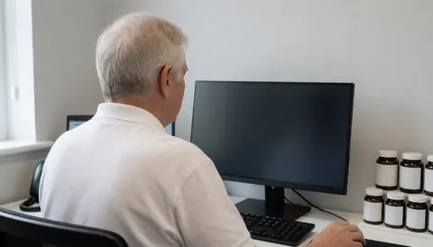 Réceptionniste de salle de crossfit travaillant sur un ordinateur portable dans un bureau aux murs gris avec lumière naturelle et compléments alimentaires visibles.