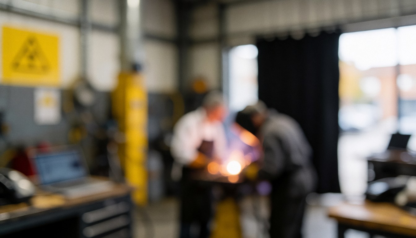 Arrière-plan d'atelier de soudure industrielle avec effet bokeh montrant la flamme de soudage, des structures métalliques et un panneau d'avertissement jaune.
