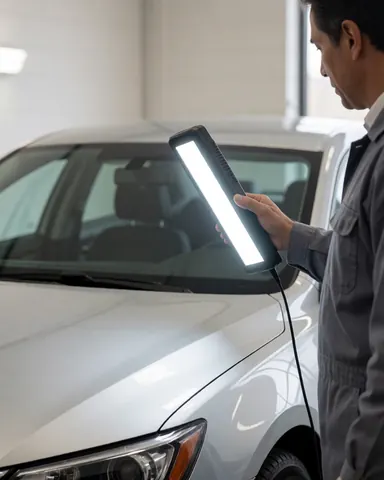 Un inspecteur examine la finition de la peinture d'un véhicule blanc à l'aide d'une lampe torche LED dans un atelier propre et bien éclairé.