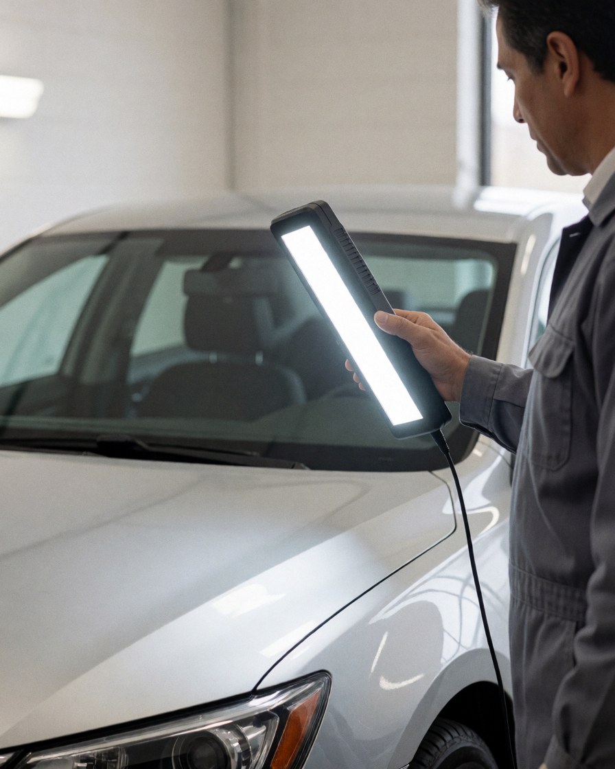 Un inspecteur examine la finition de la peinture d'un véhicule blanc à l'aide d'une lampe torche LED dans un atelier propre et bien éclairé.
