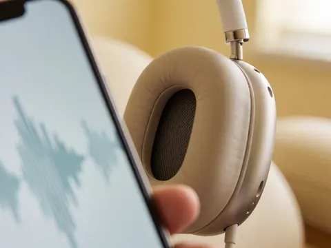Écouteurs à réduction de bruit avec texture en cuir, smartphone émettant des ondes sonores, chaise de thérapie en arrière-plan sur un mur jaune pâle.