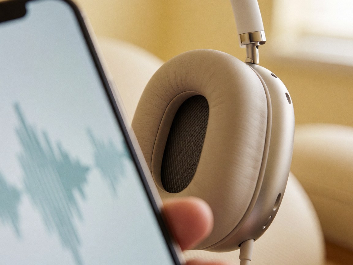 Écouteurs à réduction de bruit avec texture en cuir, smartphone émettant des ondes sonores, chaise de thérapie en arrière-plan sur un mur jaune pâle.
