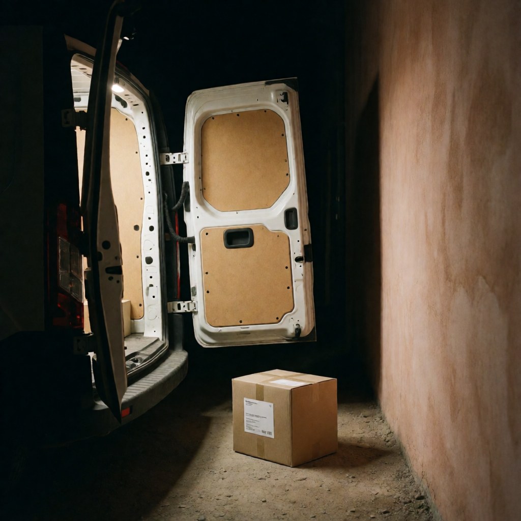 Carton d'expédition avec étiquette posé près de la porte arrière ouverte d'une camionnette, sur une rue bordée d'un mur en terre cuite, éclairé par une lumière intérieure, scène de livraison nocturne.