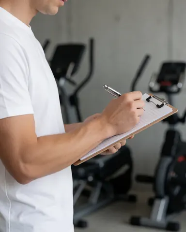 Un entraîneur personal note des informations sur un classeur dans un gymnase avec du matériel sportif en arrière-plan sur un mur en béton.