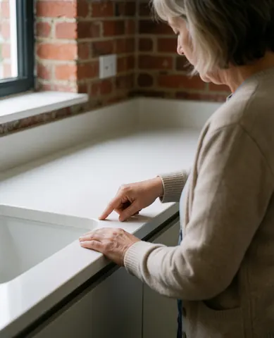 Une cliente adulte touche un plan de travail en quartz blanc dans une cuisine avec un mur de briques apparentes et une lumière naturelle, montrant la finition de l'installation.