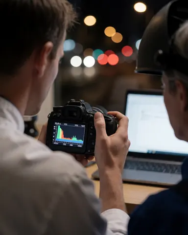 Une cliente examine l'histogramme sur l'écran de son appareil photo professionnel lors d'une prise de vue nocturne avec des lumières en arrière-plan.