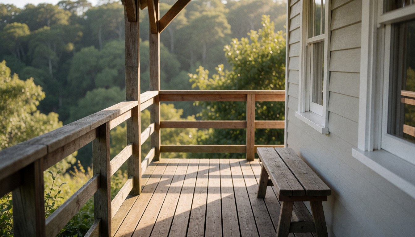 Terrasse en bois avec banc, murs gris et vue sur la forêt, idéale pour la page d'accueil d'un parc écologique.