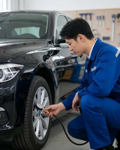 Un technicien en uniforme bleu utilise un manomètre pour vérifier la pression d'un pneu noir dans un atelier bien éclairé et organisé.